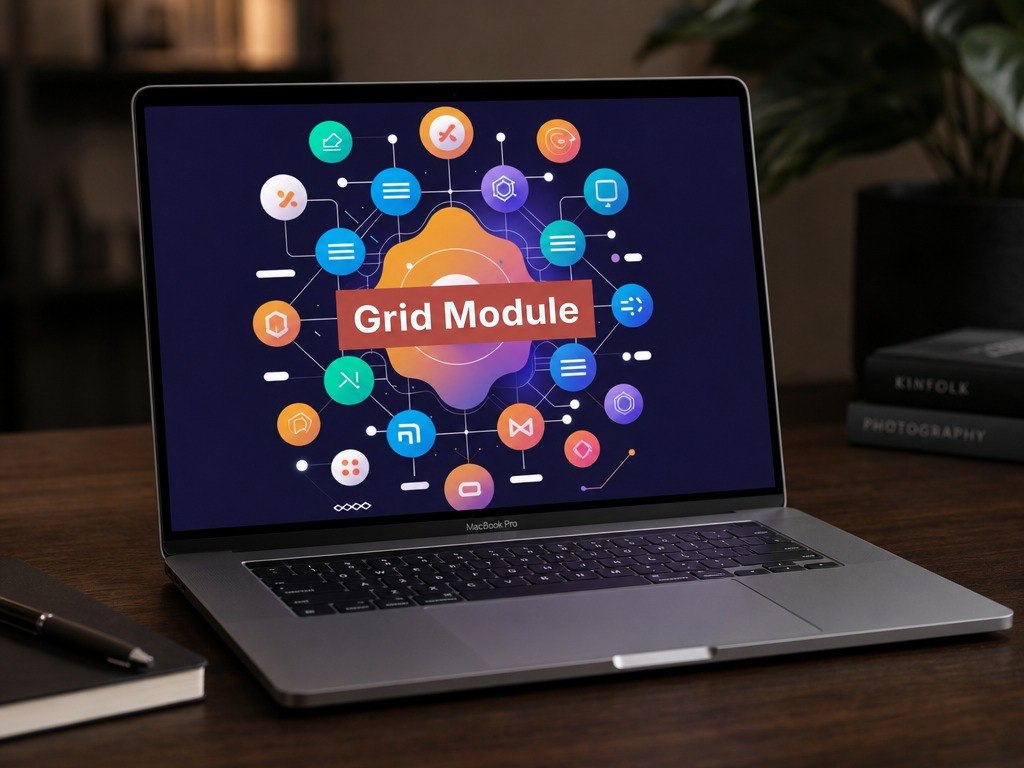 Laptop displaying "Grid Module"