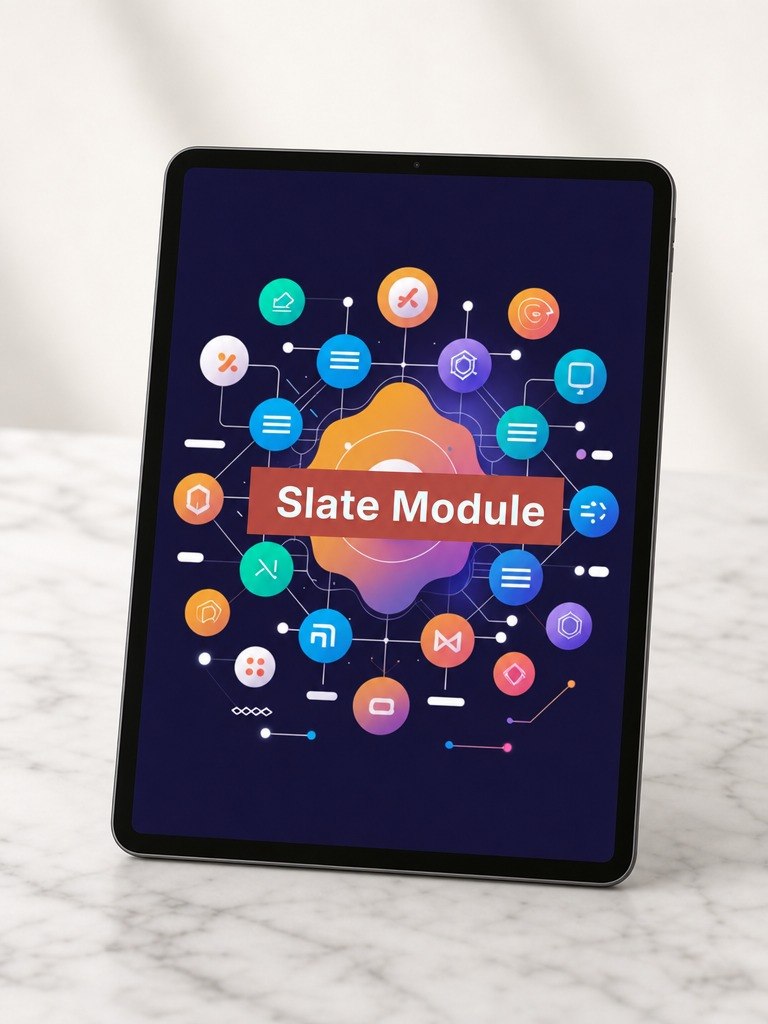Tablet displaying a colorful interface with 'Slate Module' on a marble surface