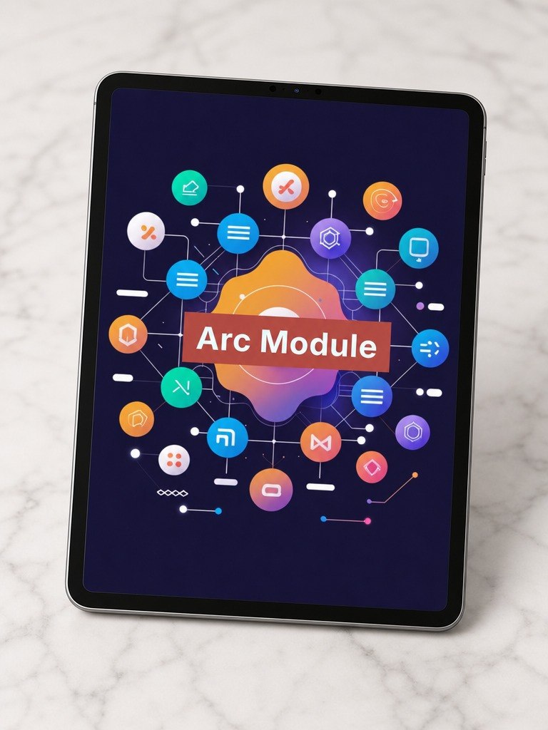 Tablet displaying an 'Arc Module' interface on a marble surface