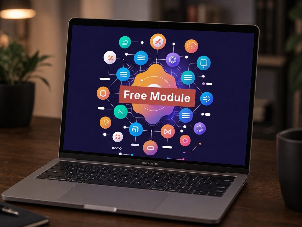 Laptop displaying "Free Module"