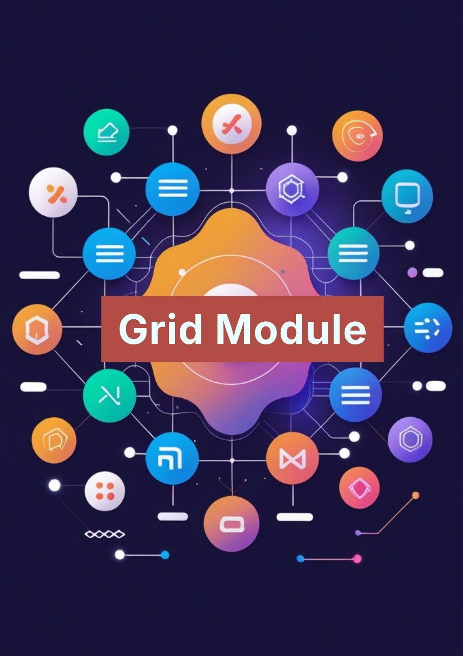 Colorful icons around a central 'Grid Module' text on a dark background