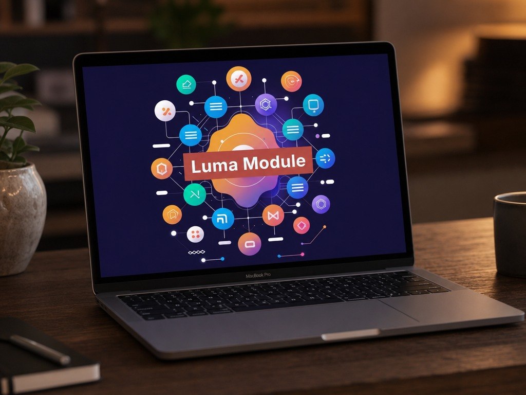 Laptop on a desk with a colorful 'Luma Module' graphic on the screen