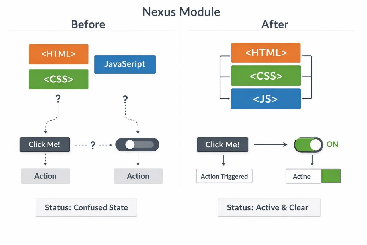 Diagram showing the transition from a confused state to an active and clear state with Nexus Module intervention.