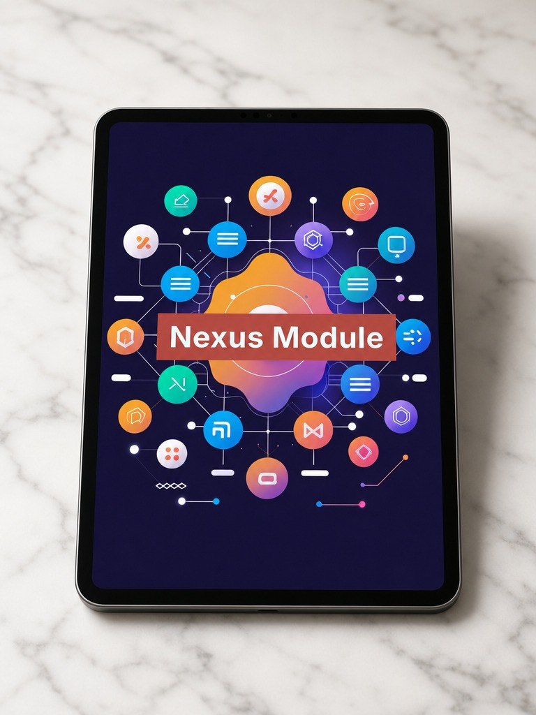 Tablet displaying the 'Nexus Module' on a marble surface