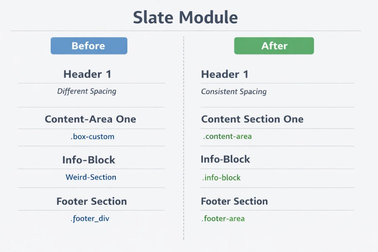 Comparison of 'Before' and 'After' styles for a Slate Module with CSS class changes.