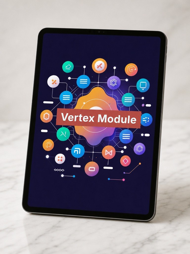 Tablet displaying the 'Vertex Module' on a white marble surface